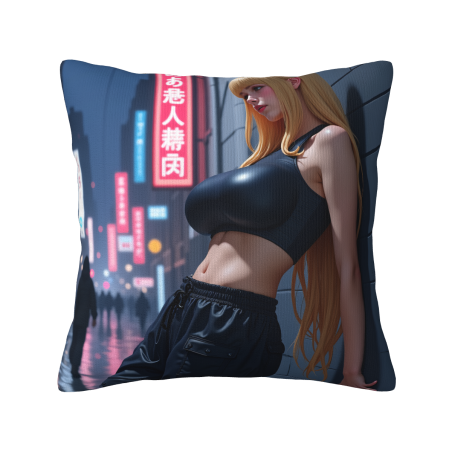 Funda de almohada de chica belleza Cyberpunk - Paisaje nocturno de ciudad neón