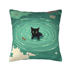 Funda de almohada de felpa doble cara de 18x18 pulgadas con diseño de gato negro jugando en el agua