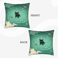 18x18 Inch Double - Sided Plush Pillowcase with Black Cat Playing in Water Pattern