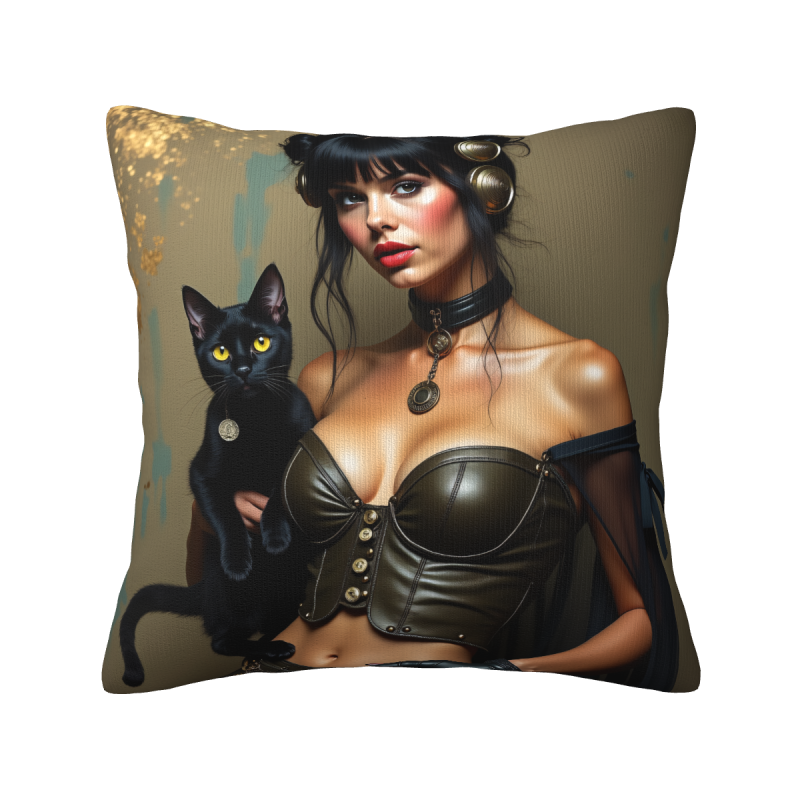 Funda de almohada de felpa doble cara 18x18 pulgadas con diseño de belleza y gato negro