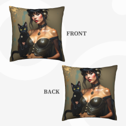 Funda de almohada de felpa doble cara 18x18 pulgadas con diseño de belleza y gato negro