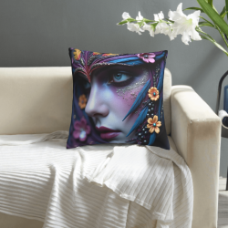 18x18 Inches Double - Sided Plush Pillow Cover with Artistic Portrait and Flowers