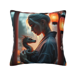 Doppelseitiger Fleece-Kissenbezug 18x18 Zoll: Muster einer Frau und eines kleinen Drachen