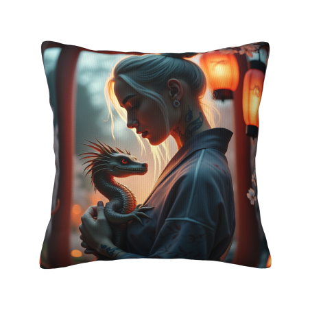 Housse de coussin en polaire double face 18x18 pouces : Motif de femme et petit dragon