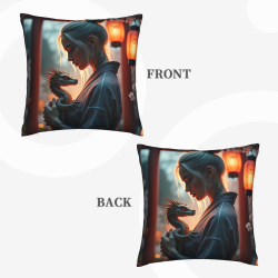 18x18 Inches Double - Sided Fleece Pillow Cover: Pattern of Woman and Little Dragon