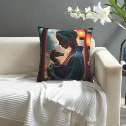 Housse de coussin en polaire double face 18x18 pouces : Motif de femme et petit dragon