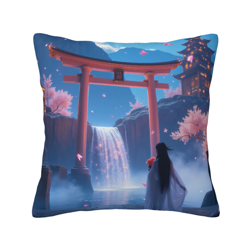 Funda de cojín de felpa reversible de 18x18 pulgadas con paisaje estilo japonés