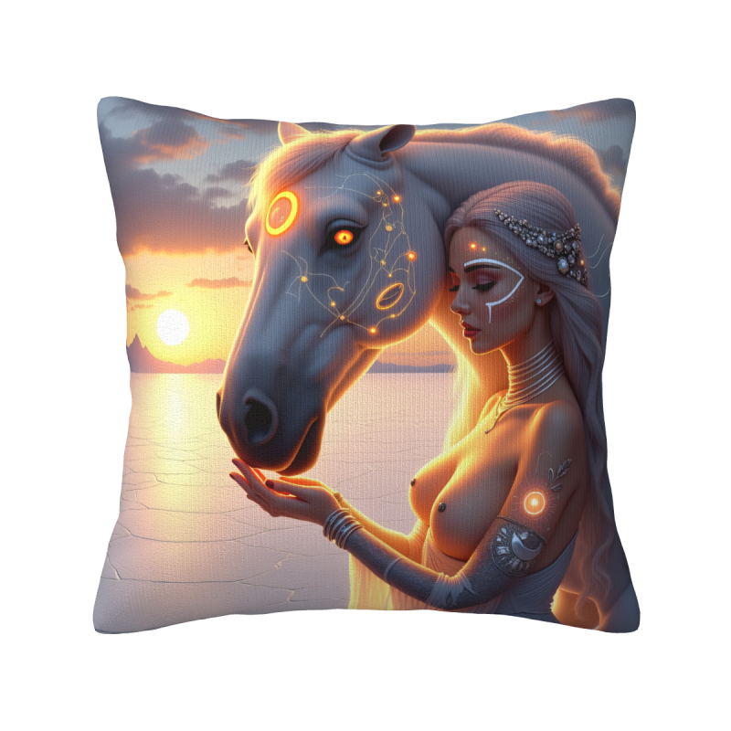 Cuscino in Peluche di 45x45 cm Doppio Lato con Motivo Sognante Cavallo-Umano