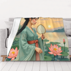 280g 横型毛毯，古典美人与莲花图案