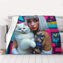 Manta de franela horizontal de 280g, diseño de chica y gato blanco