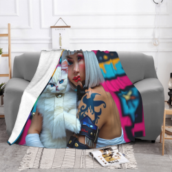 Couverture en flanelle horizontale de 280g, motif de fille et chat blanc