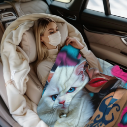 280g 横型フランネルブランケット 女の子と白猫のプリント