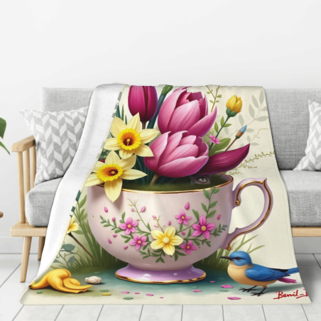 Couverture en flanelle verticale 280g avec motif fleur et tasse à thé