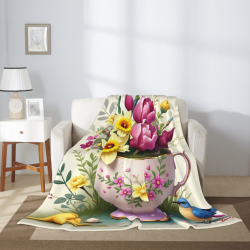 Couverture en flanelle verticale 280g avec motif fleur et tasse à thé