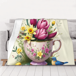 Manta de franela horizontal de 280g con estampado exquisito de flor y taza de té