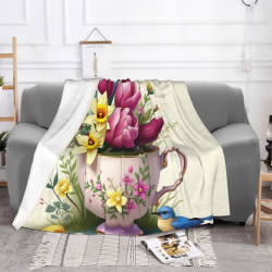 Manta de franela horizontal de 280g con estampado exquisito de flor y taza de té
