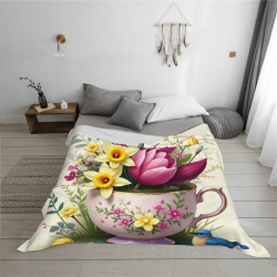 Manta de franela horizontal de 280g con estampado exquisito de flor y taza de té