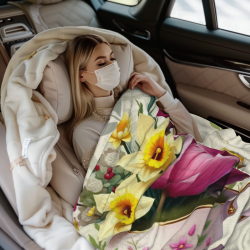 280g 横型優雅な花 - ティーカップ柄フランネルブランケット