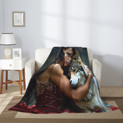 Coperta in flanella verticale 280g con stampa ragazza e husky