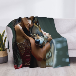 Manta de franela horizontal de 280g con estampado de belleza y lobo