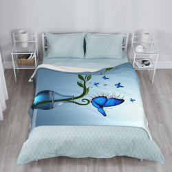 Manta de franela vertical de 280g con patrón de mariposas azules y jarrón