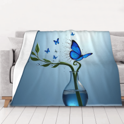 Couverture en flanelle horizontale 280g avec motif de papillons bleus et vase