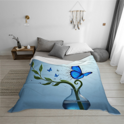 Couverture en flanelle horizontale 280g avec motif de papillons bleus et vase