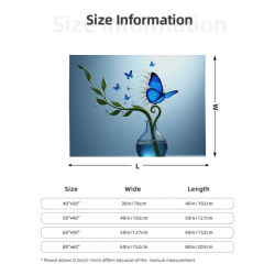Manta de franela horizontal de 280g con diseño de mariposas azules y jarrón