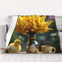 Manta de franela horizontal de 280g con diseño de jarrón, pollito amarillo y flores