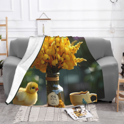 Manta de franela horizontal de 280g con diseño de jarrón, pollito amarillo y flores
