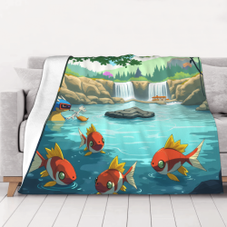 Manta de franela horizontal de 280g con estampado de peces dorados de dibujos animados