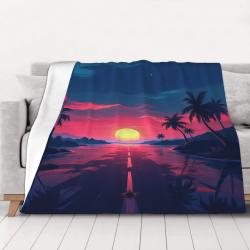 Couverture en flanelle horizontale 280g avec imprimé coucher de soleil sur mer
