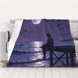 Coperta in flanella orizzontale da 280g stampata su un lato (Mare notturno al chiaro di luna)