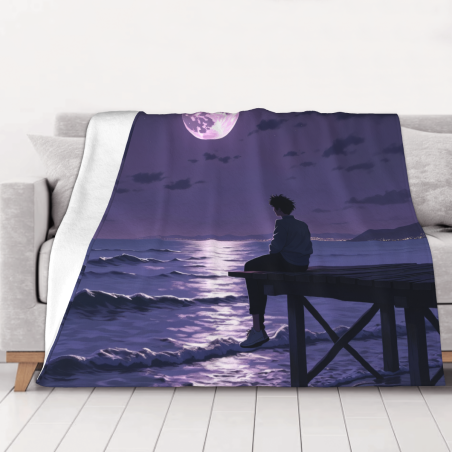 Coperta in flanella orizzontale da 280g stampata su un lato (Mare notturno al chiaro di luna)