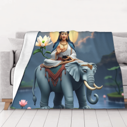관음보살 코끼리 탄 모양의 280g 단면 프린팅 플란넬 담요