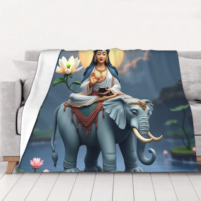 관음보살 코끼리 탄 모양의 280g 단면 프린팅 플란넬 담요