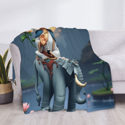 Couverture en flanelle de 280g à impression recto avec motif de Guanyin chevauchant un éléphant