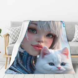 280g 세로형 플란넬 담요, 사랑스러운 소녀와 고양이 프린트