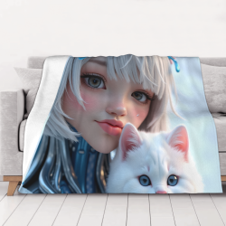 280g 수평 플란넬 담요: 아름다운 소녀와 귀여운 고양이 패턴, 따뜻한 동반