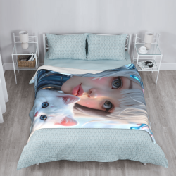 280g 세로형 플란넬 담요, 사랑스러운 소녀와 고양이 프린트