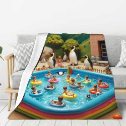 재미 가득한 수영장과 펭귄 패턴이 있는 280g 수직 플란넬 담요
