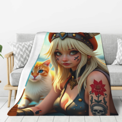 280g竖款法兰绒毛毯：动漫女孩萌猫图案