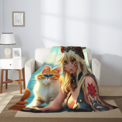 280g竖款法兰绒毛毯：动漫女孩萌猫图案