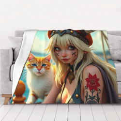 280g 소녀와 고양이 프린트 수평 플란넬 담요