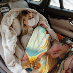 280g少女と猫柄の横型フラネルブランケット