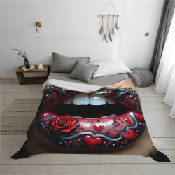 Manta de franela horizontal de 280g con estampado de labios rojos y corazones