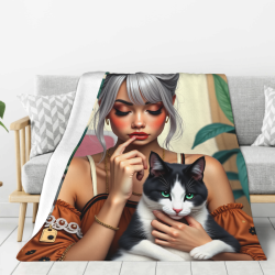 280g 수직 플란넬 담요: 소녀와 고양이 패턴과 함께하는 온기