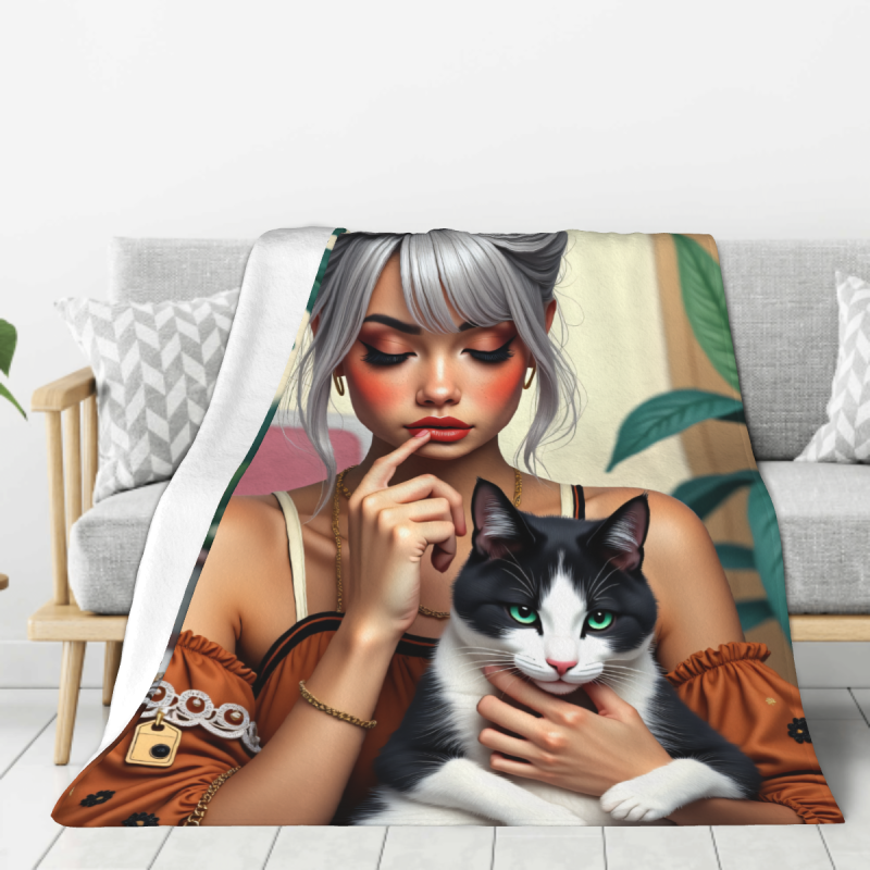 280g 수직 플란넬 담요: 소녀와 고양이 패턴과 함께하는 온기
