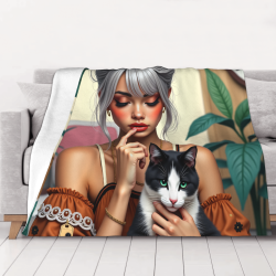 Coperta in flanella peluche 280g (stile orizzontale) Ragazza con motivo gatto