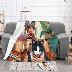 Manta de franela peluda de 280g (estilo horizontal) Chica con diseño de gato